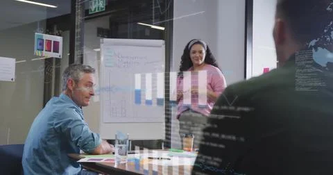 Image of graphs, globes, computer language over diverse coworkers discussing Foto stock