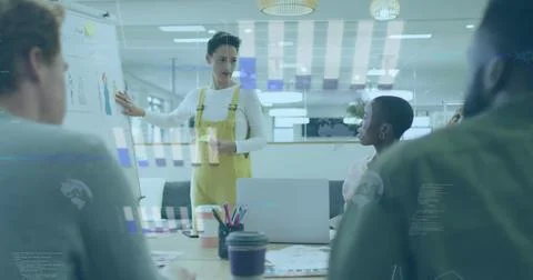 Image of graphs, globes, computer language, diverse female explaining cloth Stock Photos