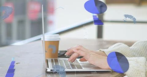Image of graphs, globes, computer language, cropped hands of caucasian woman Stock Photos