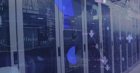 Image of graphs, globes, connected arrows and computer language over data server Foto stock