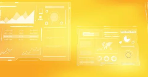 Image of graphs, globes, loading bars and circles against yellow background Stock Photos
