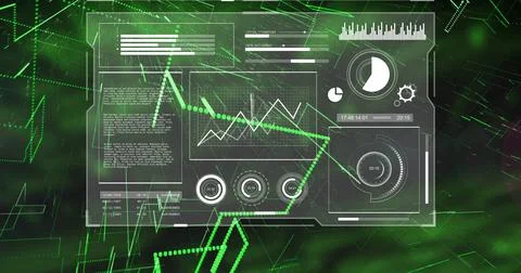 Image of graphs, globes, loading bars and circles with lens flare over abstract Stock Photos