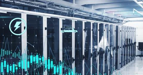 Image of graphs, icons and connected dots on data server racks in server room Stock Photos