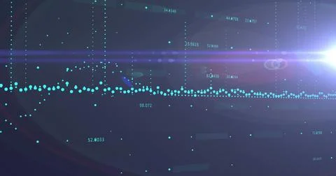 Image of graphs, increasing numbers and lens flare against abstract background Foto stock