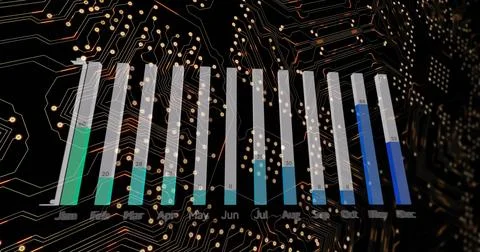 Image of graphs, integrated circuit on black background イラスト素材
