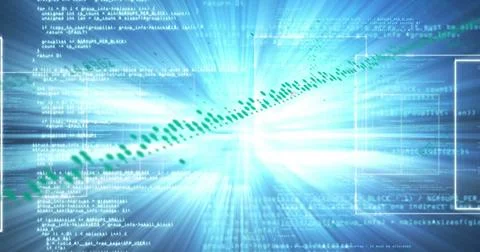 Image of graphs, lights, data processing on blue background 写真素材