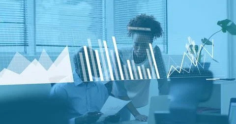 Image of graphs, loading bars and map over diverse coworkers discussing reports Stock Photos