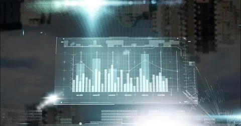 Image of graphs, loading bars and computer language over modern buildings a.. 스톡 사진