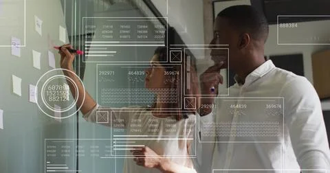 Image of graphs, loading bars and circles, diverse coworkers discussing reports Stock Photos