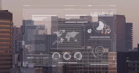 Image of graphs, loading bars and circles with map over aerial view of modern Stock Photos