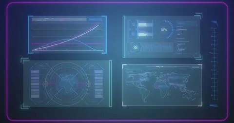 Image of graphs, loading bars and circles, globe in circles and map over blue Stock Photos