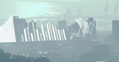 Image of graphs, loading bars and map over modern cityscape against cloudy sky Foto stock