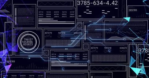 Image of graphs, loading bars and circles with changing numbers against Stock Photos