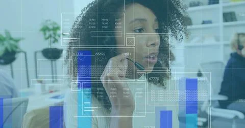 Image of graphs, loading bars and circles, biracial call center agent female Stock Photos