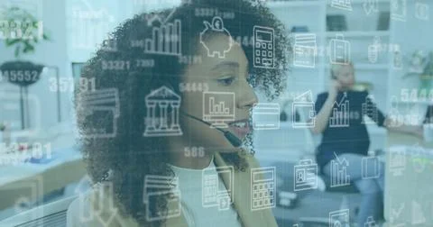 Image of graphs, loading bars and circles, biracial call center agent female Stock Photos