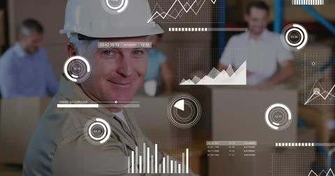 Image of graphs, loading bars and circles over caucasian man keeping cardboard Stock Photos