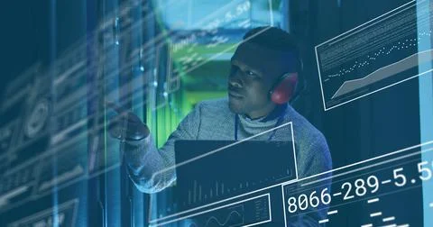 Image of graphs, loading bars, circles, african american man checking server Stockfoto's