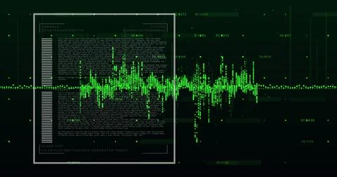 Image of graphs, loading bars, data and changing numbers over black background Illustrazione stock
