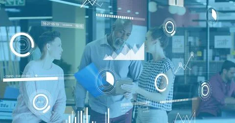 Image of graphs, loading circles and graphs over diverse coworkers discussing Stock Photos