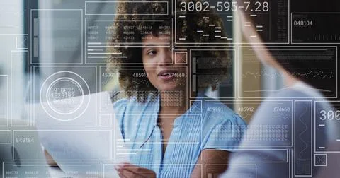 Image of graphs, loading circles and bars, diverse female coworkers discussing Stock Photos