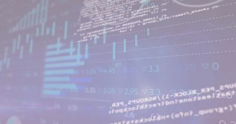 Image of graphs, loading circles and trading board over computer language on Foto stock
