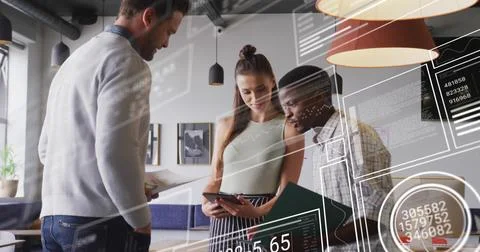 Image of graphs, loading circles, bars, changing numbers, diverse coworkers Stock Photos