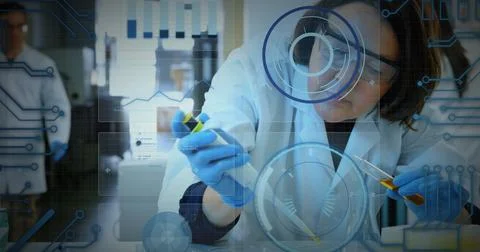 Image of graphs, loading circles, caucasian female scientist taking liquid Stock Photos