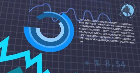 Image of graphs, loading circles, changing numbers, letters, globe over bla.. Foto stock