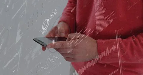 Image of graphs, loading circles, globe, changing numbers, midsection of man Foto stock