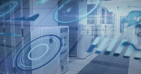 Image of graphs, loading circles, globe, computer language over data server room 스톡 사진