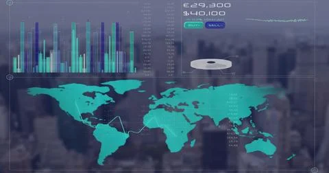 Image of graphs, map, changing numbers, currency symbols over modern cityscape Ilustração Stock