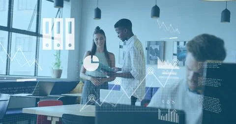 Image of graphs, map, cloud in laptop over diverse coworkers discussing reports Illustrazione stock