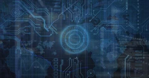Image of graphs, map, computer language and circuit board pattern over server Stock Photos