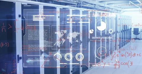 Image of graphs, map, database and mathematical equations over server room .. Stock Photos