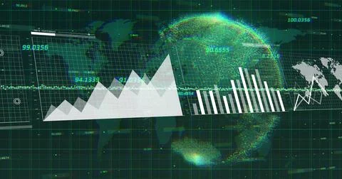 Image of graphs, map, loading bars, globe and map with numbers over black Foto stock