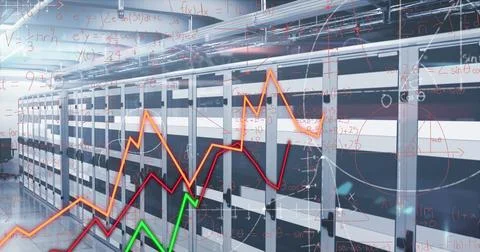 Image of graphs, mathematical equations and diagrams against server room in Stock Photos