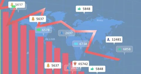 Image of graphs, notification bars and numbers with map over blue background Ilustração Stock