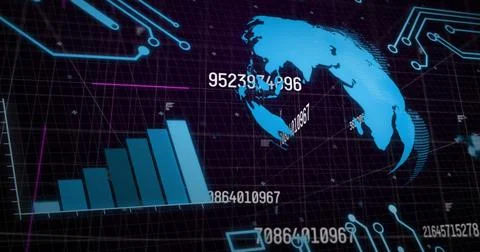 Image of graphs, numbers and globe rotating in black space Illustrazione stock