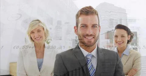 Image of graphs, numbers and loading circles over caucasian entrepreneurs Stock Photos
