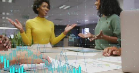 Image of graphs, numbers, icons, diverse coworkers discussing and putting hands Stock Photos