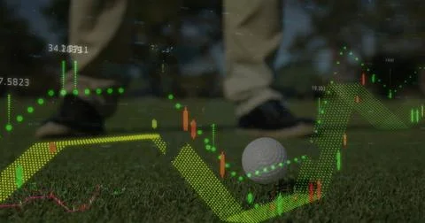 Image of graphs with numbers over low section of caucasian man hitting golf.. Fotos Stock