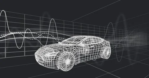 Image of graphs over 3d car model moving seamless pattern in a tunnel on black イラスト素材