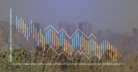 Image of graphs over cityscape Foto stock