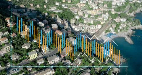 Image of graphs over cityscape 스톡 사진