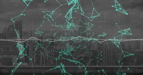 Image of graphs over connected dots forming geometric shapes over modern ci.. Foto stock