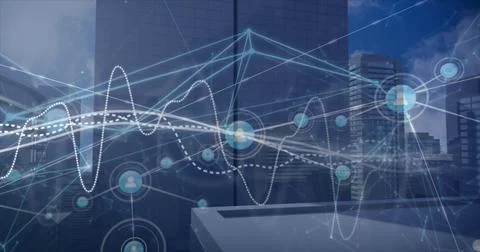 Image of graphs over connected icons and modern buildings against cloudy sky Stock Photos