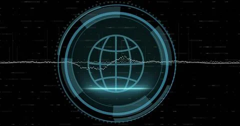 Image of graphs over globe, cyber security text in shield, loading circles .. Foto stock