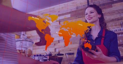 Image of graphs over hands of caucasian man using contactless payments Stock Illustration