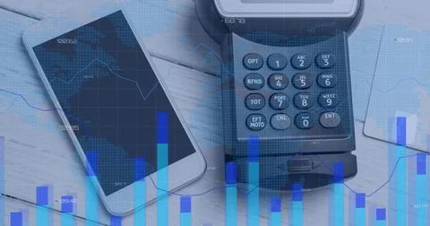 Image of graphs over smartphone with copy space and payment terminal Stock Photos