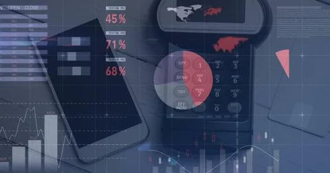Image of graphs over smartphone with copy space and payment terminal Stock Photos